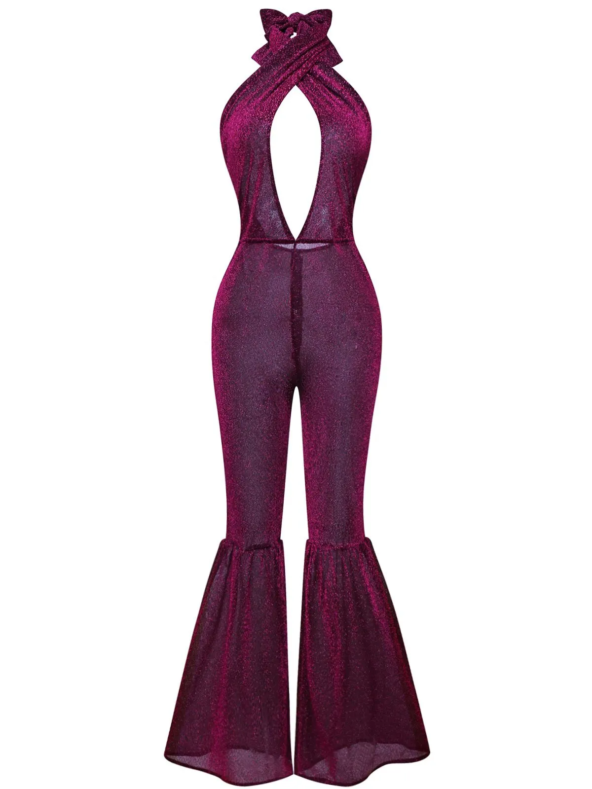 Purple 1970s Sheer Glitter Disco Halter Jumpsuit sold by Retro Stage