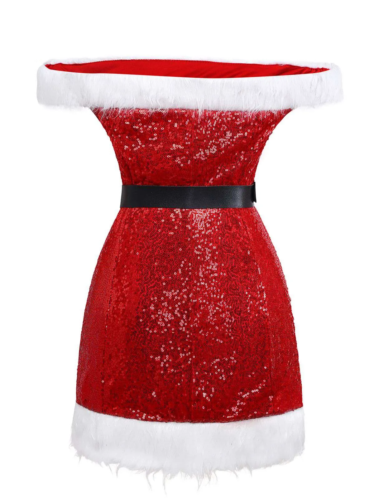 Red 1970s Christmas Sequined Off-Shoulder Plush Trim Dress sold by Retro Stage product image thumbnail 3