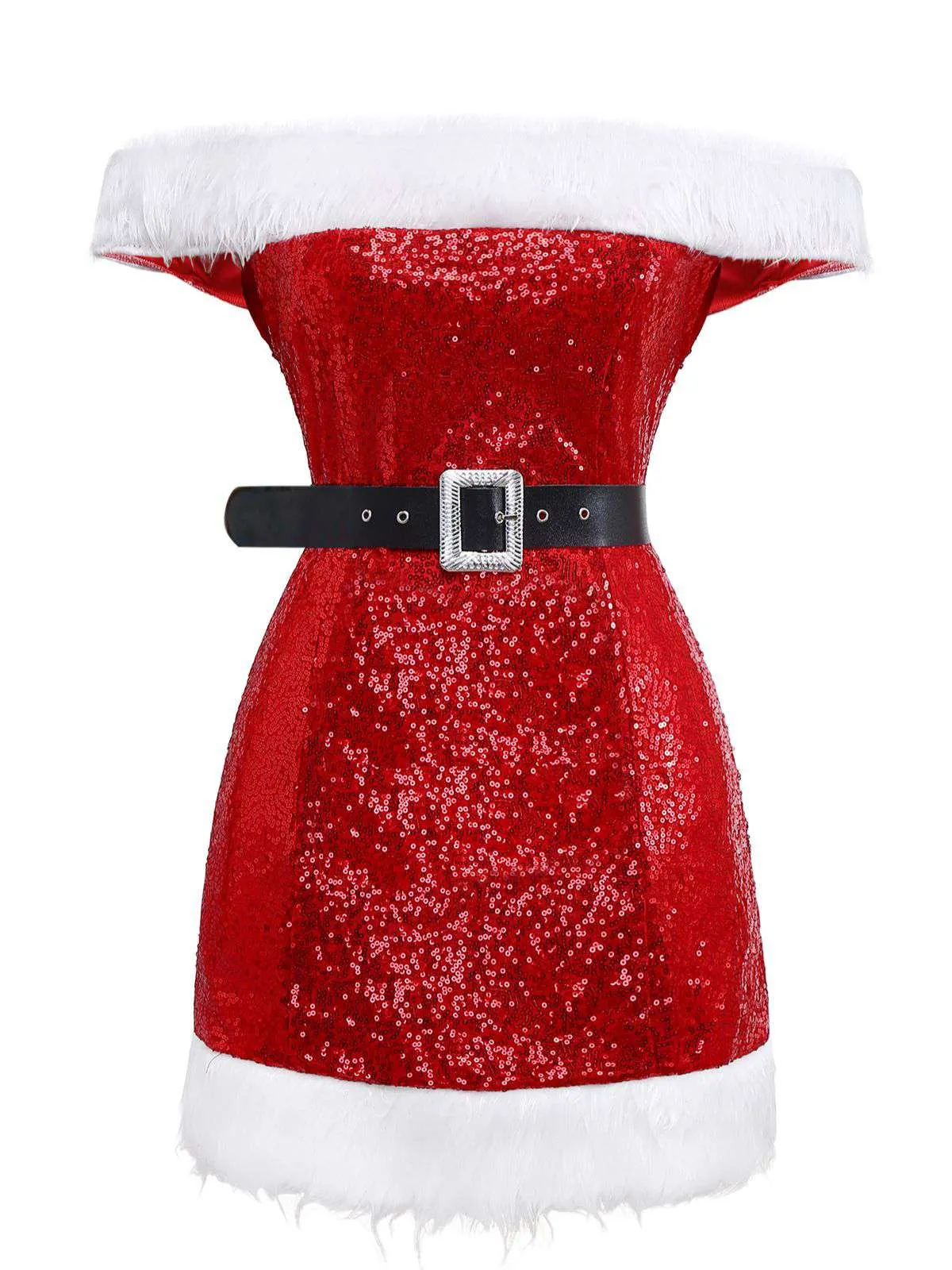 Red 1970s Christmas Sequined Off-Shoulder Plush Trim Dress sold by Retro Stage product image thumbnail 2