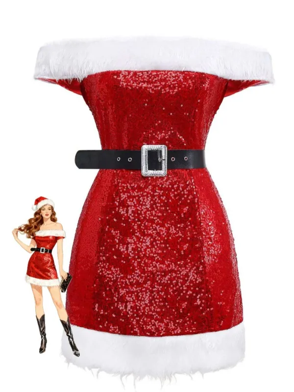 Red 1970s Christmas Sequined Off-Shoulder Plush Trim Dress sold by Retro Stage