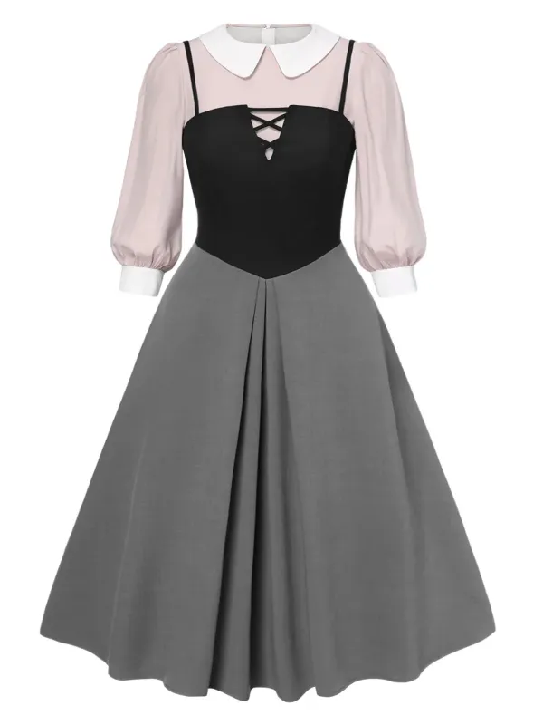 [Pre-Sale] [Plus Size] 2PCS 1940s Colorblock Pink Blouse & Gray Dress sold by Retro Stage