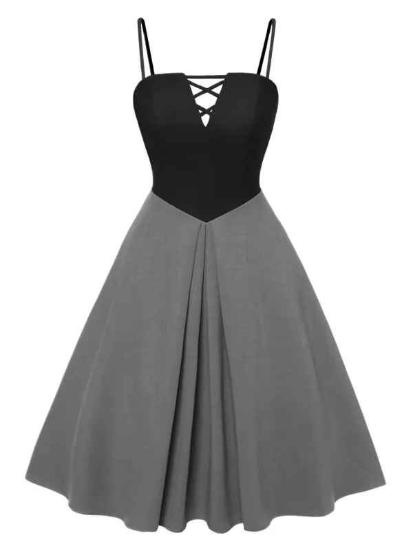[Pre-Sale] [Plus Size] Gray 1940s Colorblock Pleated Suspender Dress sold by Retro Stage