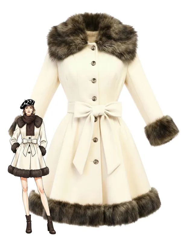 [Pre-Sale] Cream 1950s Fur Collar Patchwork Coat sold by Retro Stage