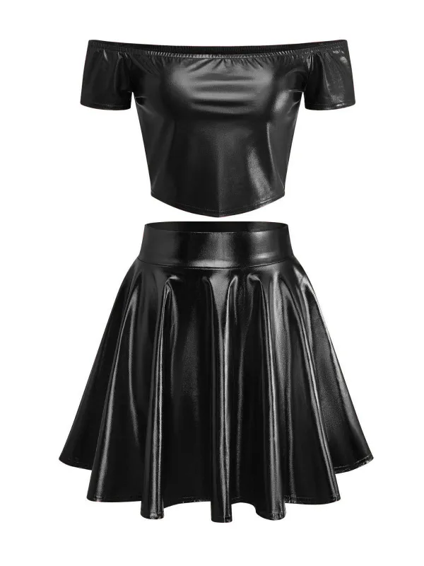 2PCS Metallic 1970 Disco Off-Shoulder Top & Pleated Skirt sold by Retro Stage