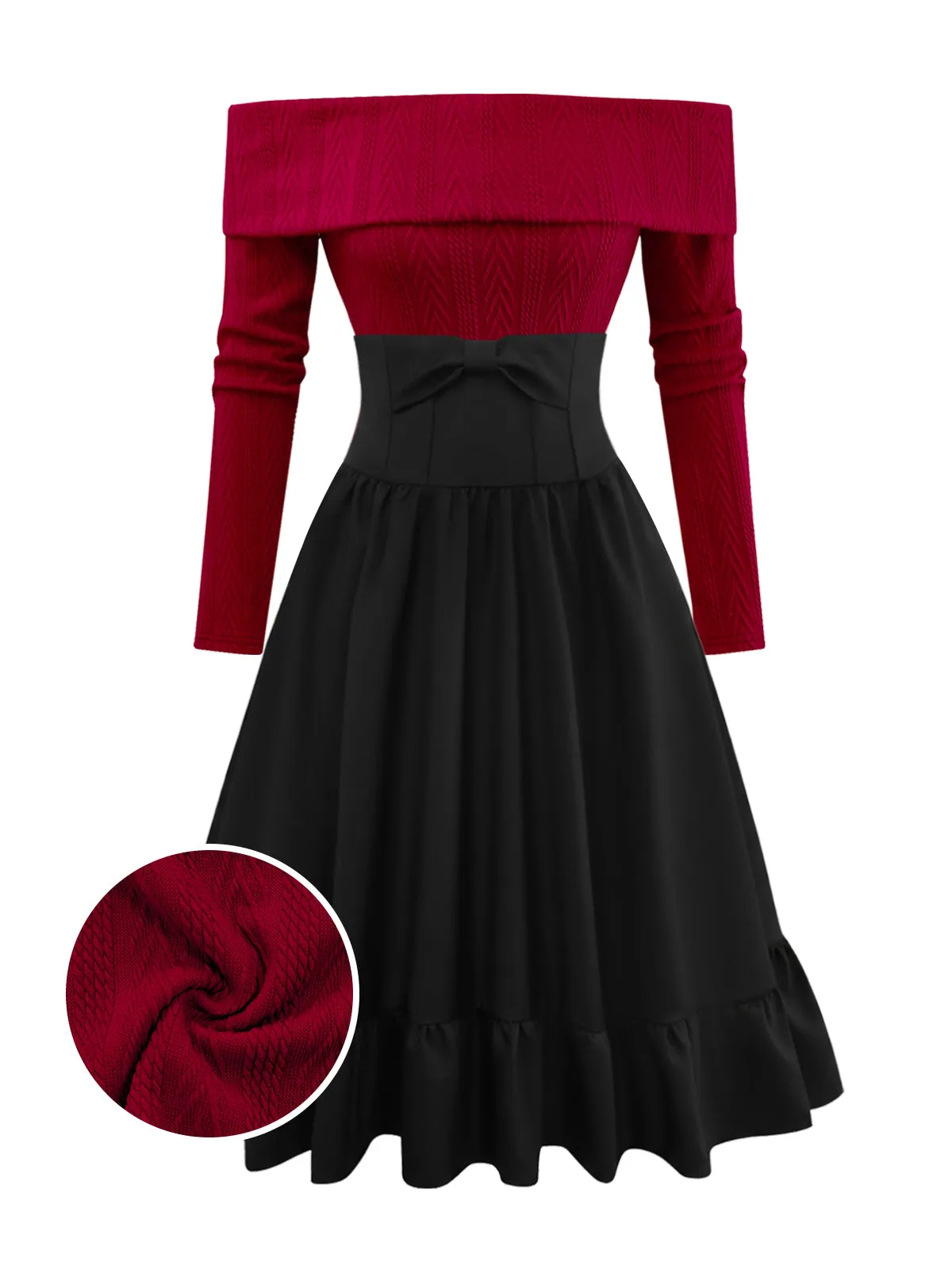 2PCS 1950s Off-Shoulder Knitted Sweater & Bow Skirt sold by Retro Stage product image thumbnail 2