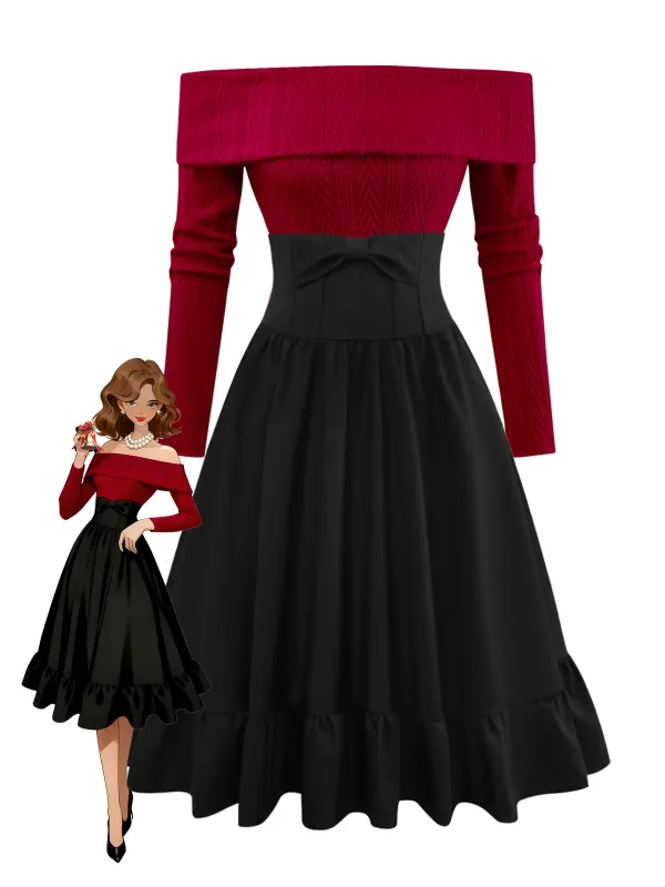 [Pre-Sale] 2PCS 1950s Off-Shoulder Knitted Sweater & Bow Skirt sold by Retro Stage