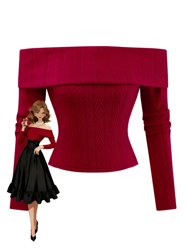 [Pre-Sale] Red 1950s Off-Shoulder Knitted Sweater sold by Retro Stage