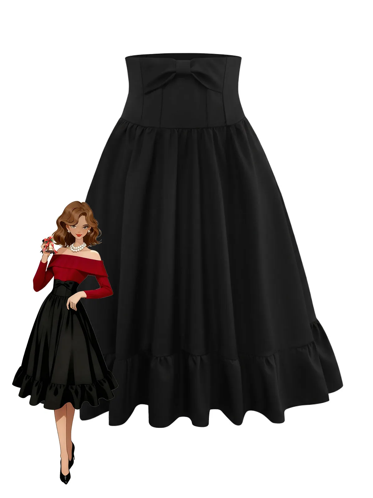 Black 1950s Bow Decor Solid Skirt sold by Retro Stage