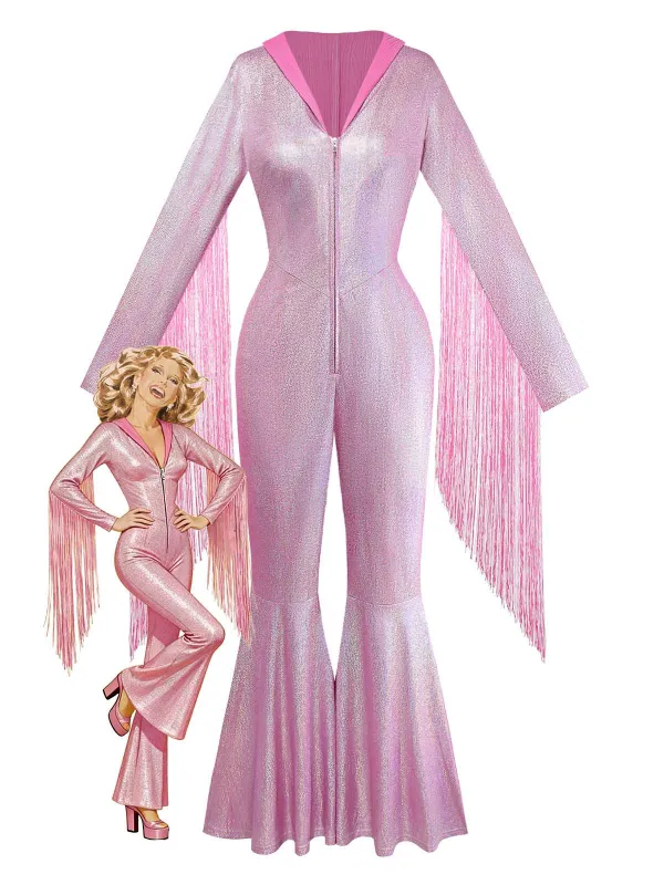 [Pre-Sale] Pink 1970s Flashing Tight Tassel Wide-Leg Jumpsuit sold by Retro Stage