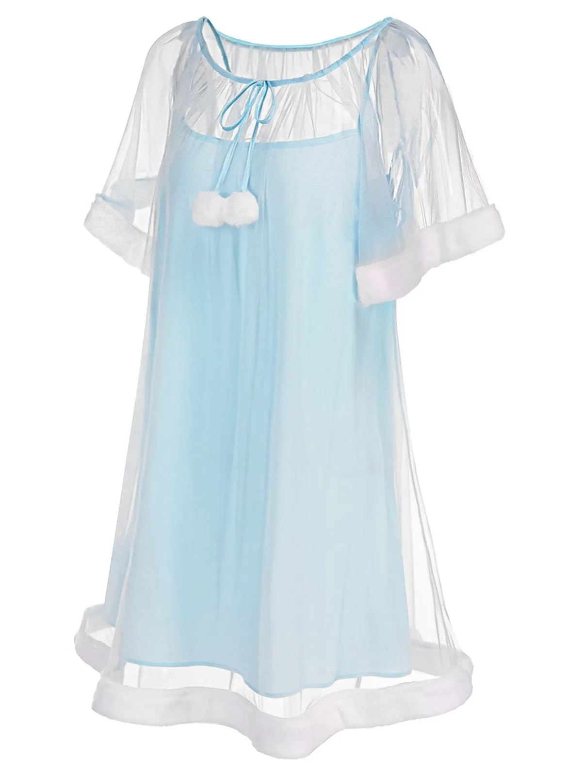 Blue 1940s Ruffle Sleeve Plush Trim Tulle Nightgown sold by Retro Stage product image thumbnail 3