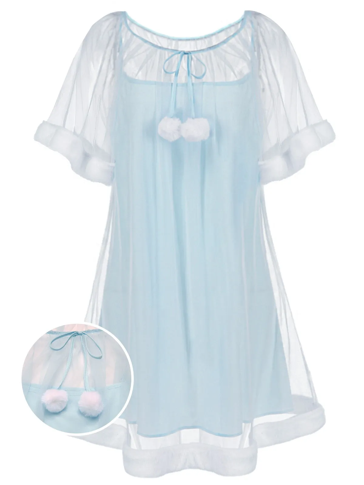 Blue 1940s Ruffle Sleeve Plush Trim Tulle Nightgown sold by Retro Stage