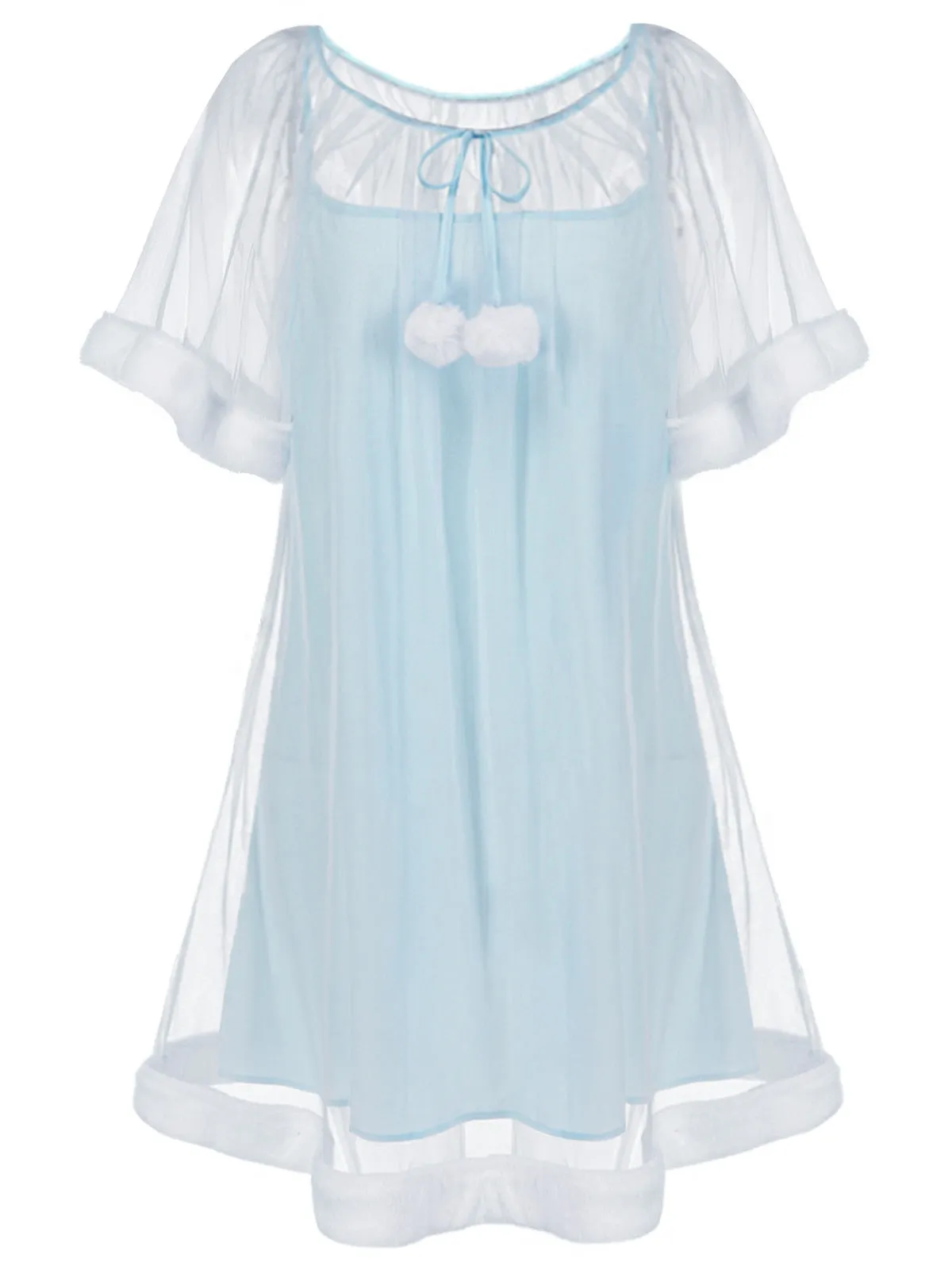 Blue 1940s Ruffle Sleeve Plush Trim Tulle Nightgown sold by Retro Stage product image thumbnail 2