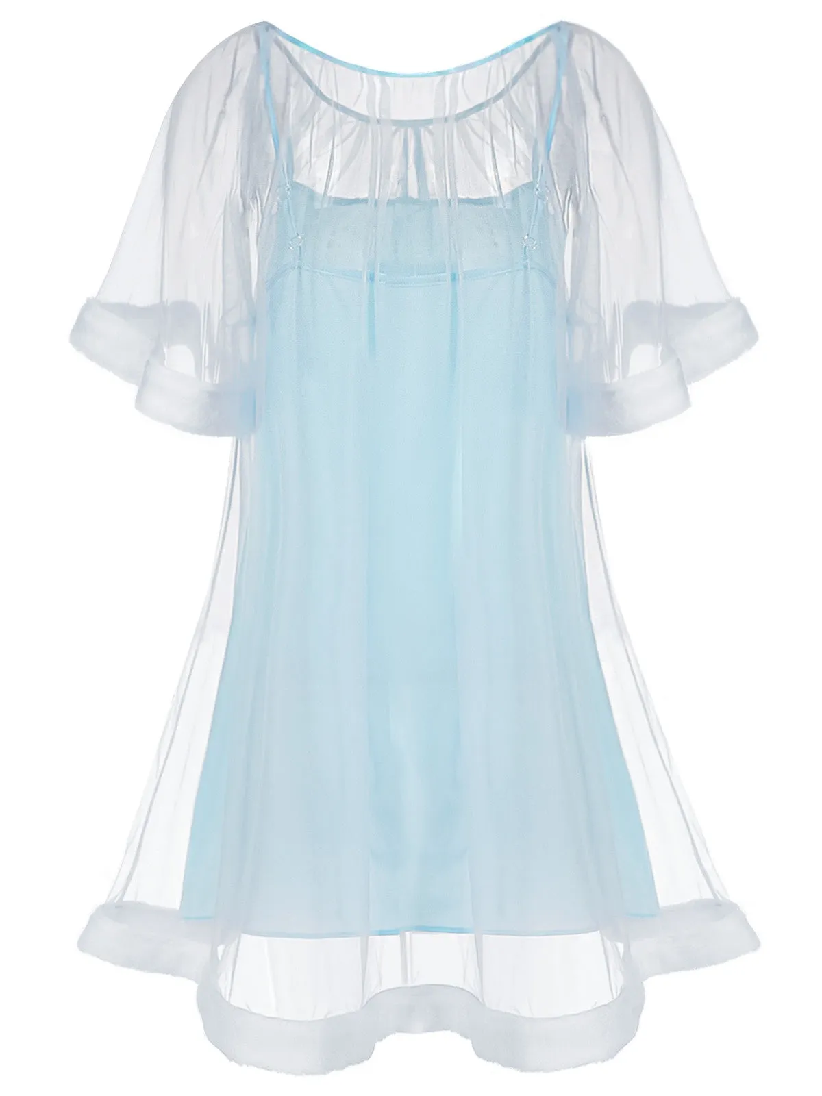 Blue 1940s Ruffle Sleeve Plush Trim Tulle Nightgown sold by Retro Stage product image thumbnail 4