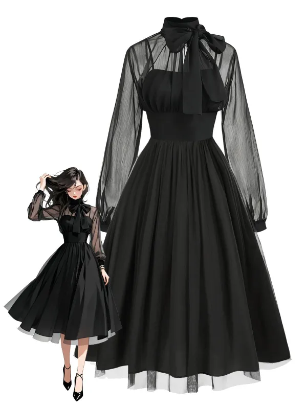 [Pre-Sale] Black 1950s Sheer Mesh Patchwork Lace-Up Dress sold by Retro Stage