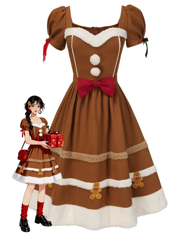 [Pre-Sale] Turmeric 1950s Gingerbread Man Plush Trim Dress sold by Retro Stage