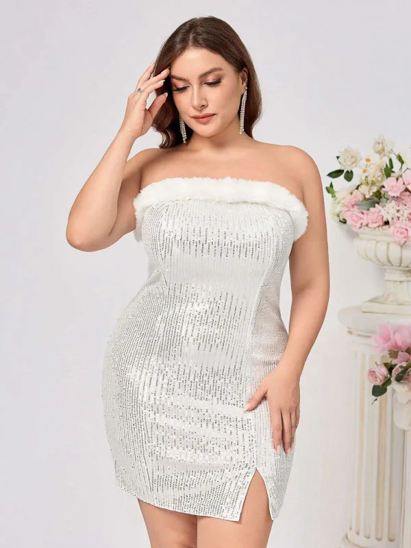 [Plus Size] White 1960s Plush Collar Sequined Bodycon Dress sold by Retro Stage