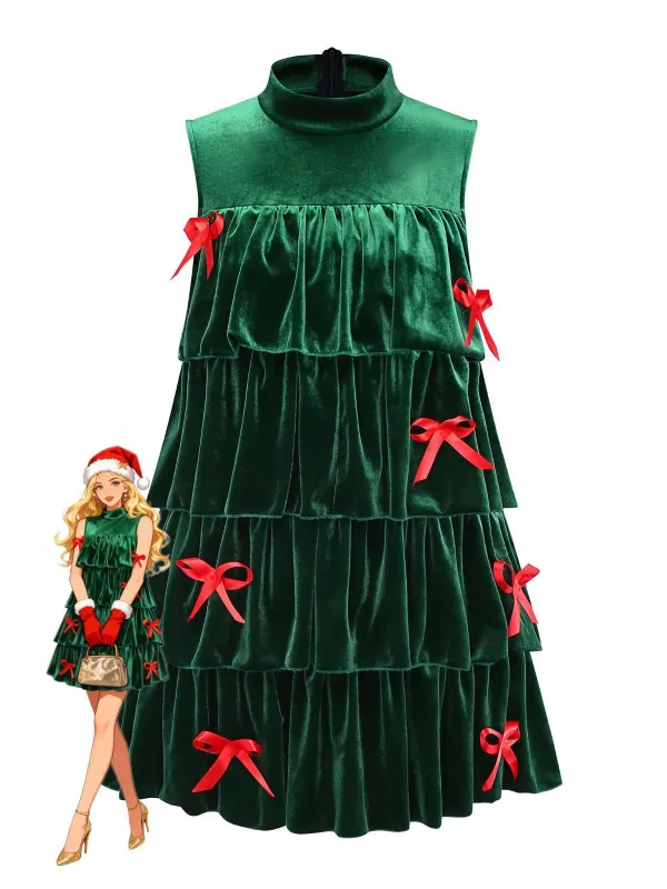 Green 1960s Velvet Bowknot Stand Collar Tiered Dress sold by Retro Stage