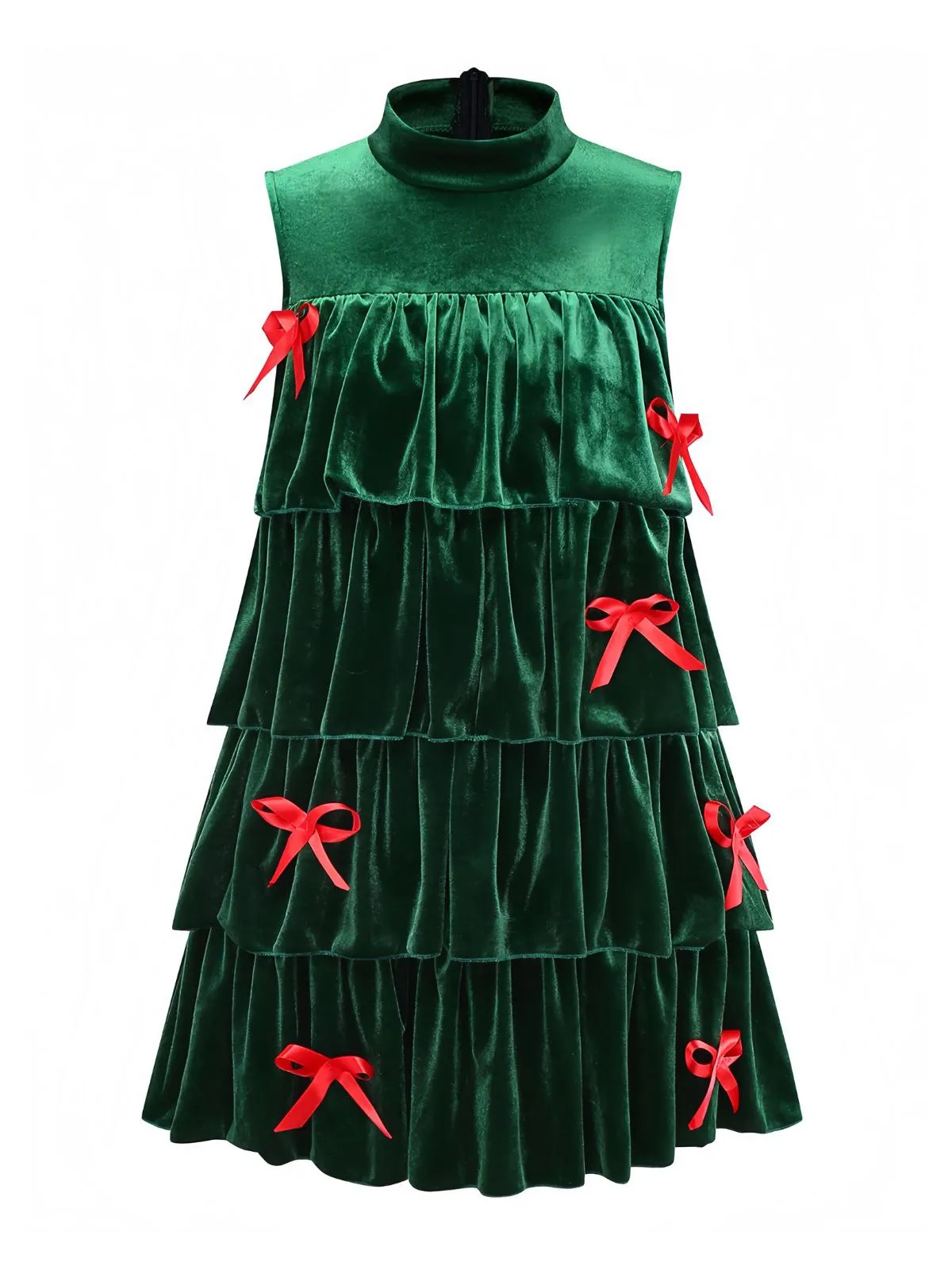 Green 1960s Velvet Bowknot Stand Collar Tiered Dress sold by Retro Stage product image thumbnail 2
