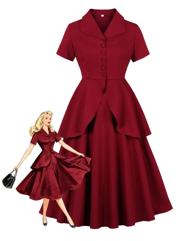 2PCS Red 1950s Solid Ruffled Button Top & Skirt sold by Retro Stage