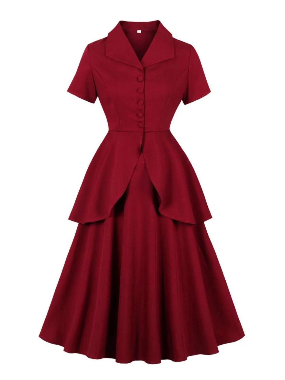 2PCS Red 1950s Solid Ruffled Button Top & Skirt sold by Retro Stage product image thumbnail 2