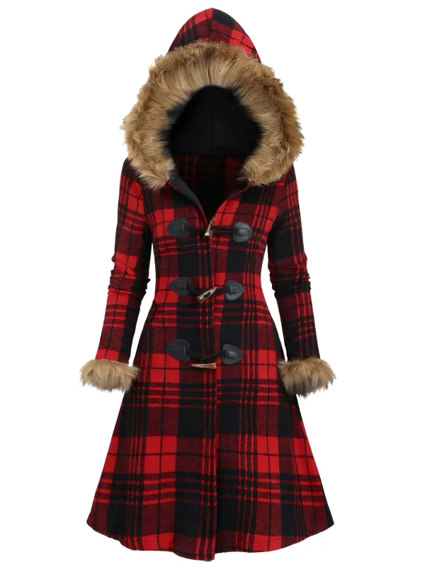 1940s Plaid Toggle Faux Fur Trim Hooded Coat sold by Retro Stage