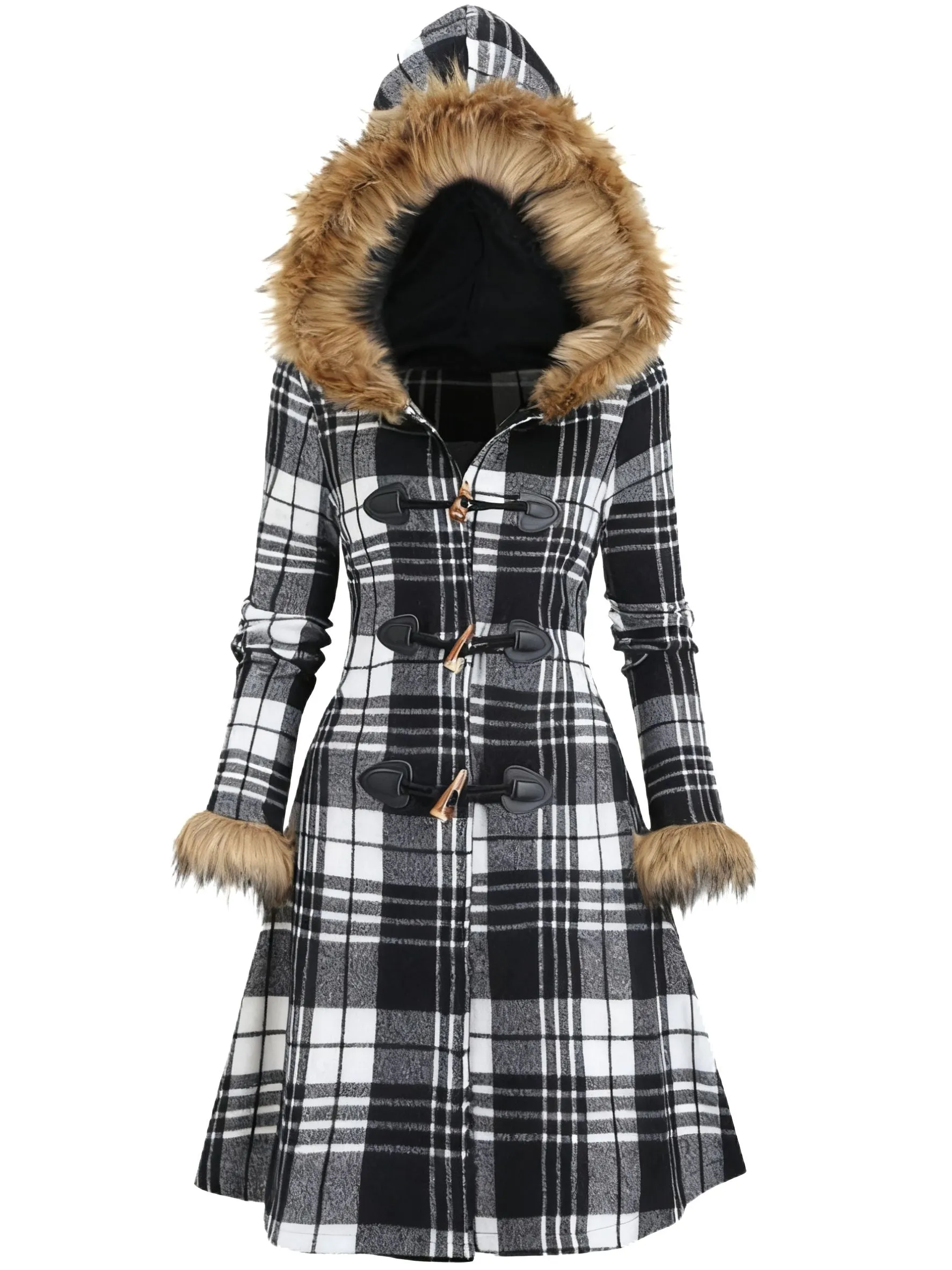 1940s Plaid Toggle Faux Fur Trim Hooded Coat sold by Retro Stage product image thumbnail 3
