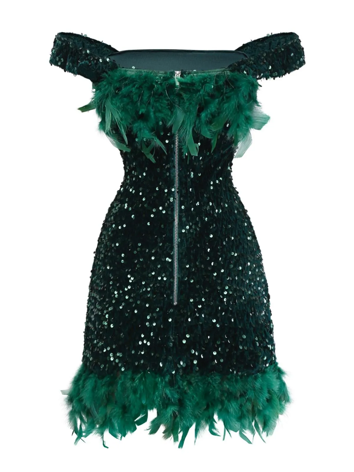 Green 1960s Off-Shoulder Sequined Feather Bodycon Dress sold by Retro Stage product image thumbnail 3