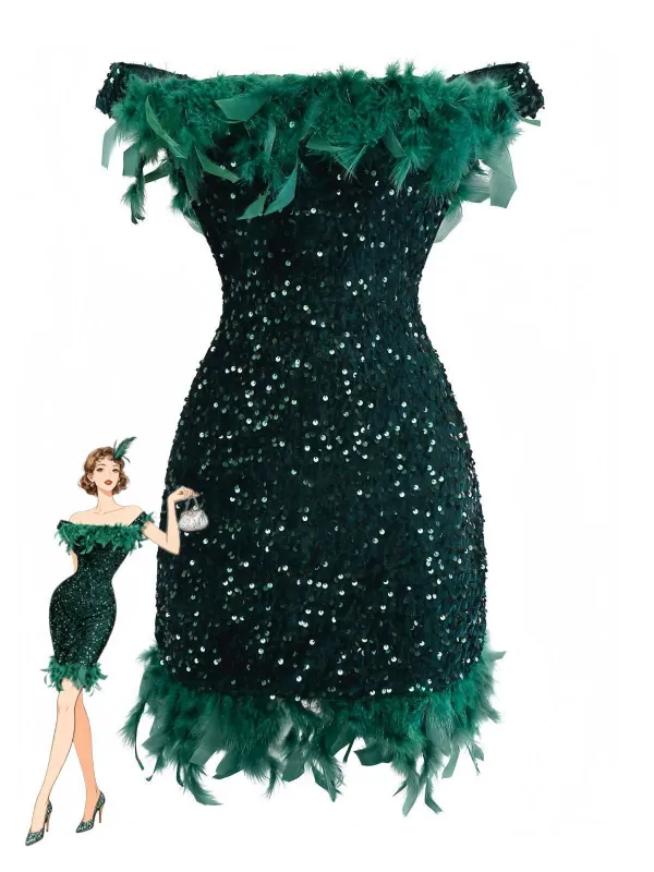 Green 1960s Off-Shoulder Sequined Feather Bodycon Dress sold by Retro Stage