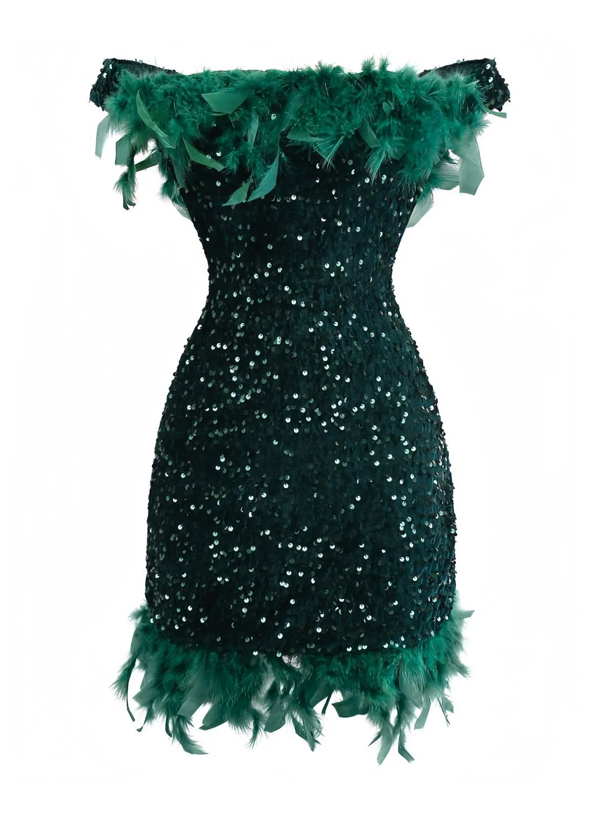 Green 1960s Off-Shoulder Sequined Feather Bodycon Dress sold by Retro Stage product image thumbnail 2