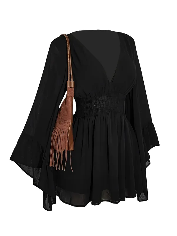 [Plus Size] Black 1980s Solid V-Neck Flare Dress sold by Retro Stage