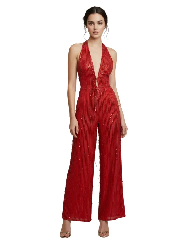 1970s Halter Deep V-Neck Sequin Fringe Jumpsuit sold by Retro Stage