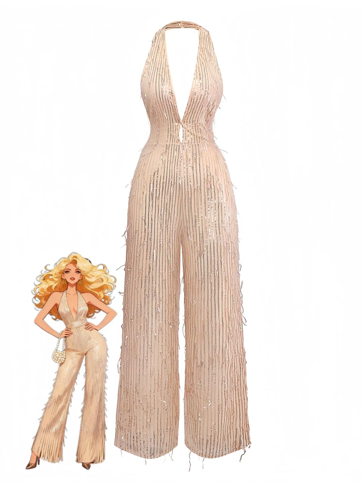 1970s Halter Deep V-Neck Sequin Fringe Jumpsuit sold by Retro Stage product image thumbnail 3
