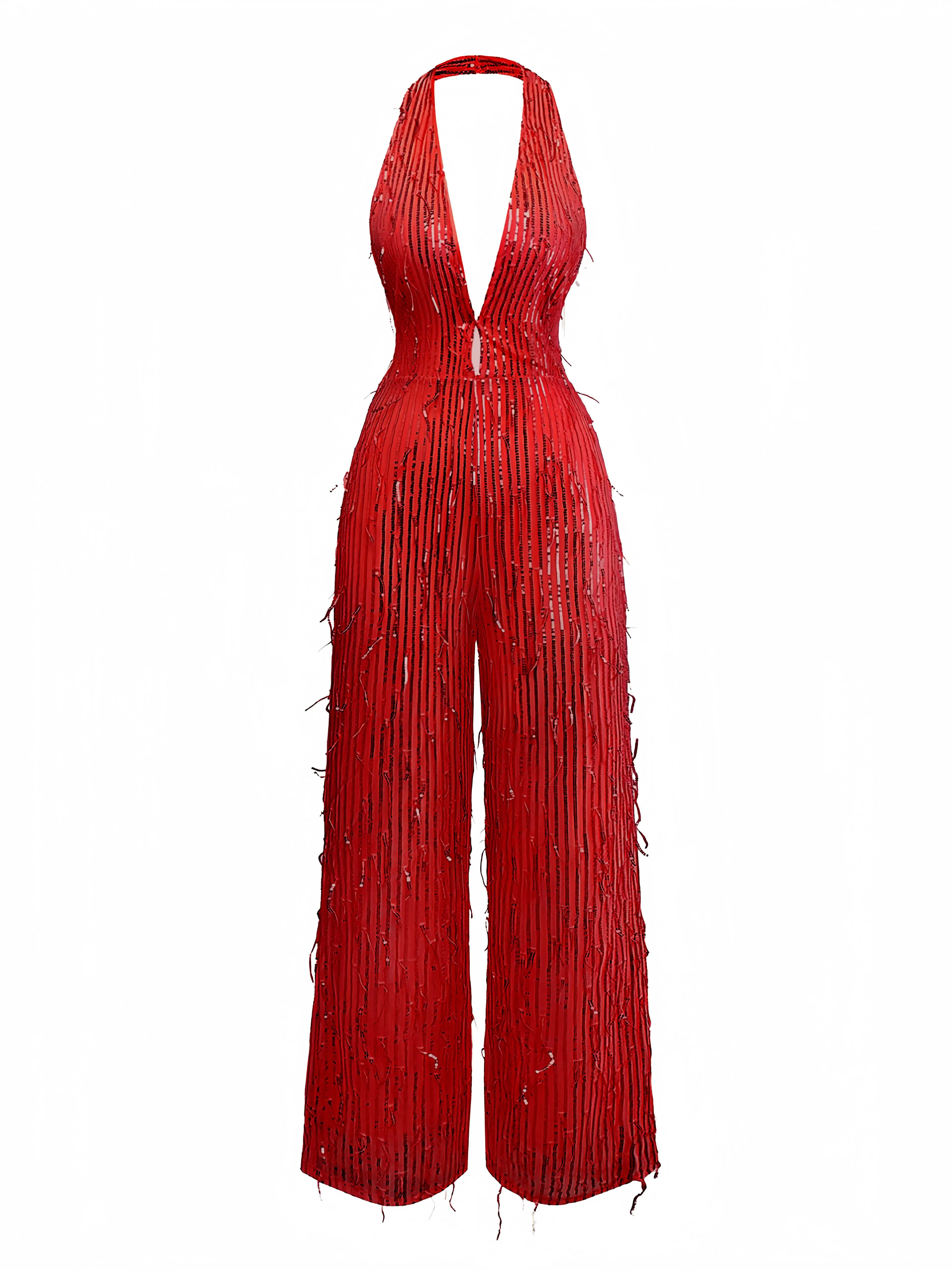 1970s Halter Deep V-Neck Sequin Fringe Jumpsuit sold by Retro Stage