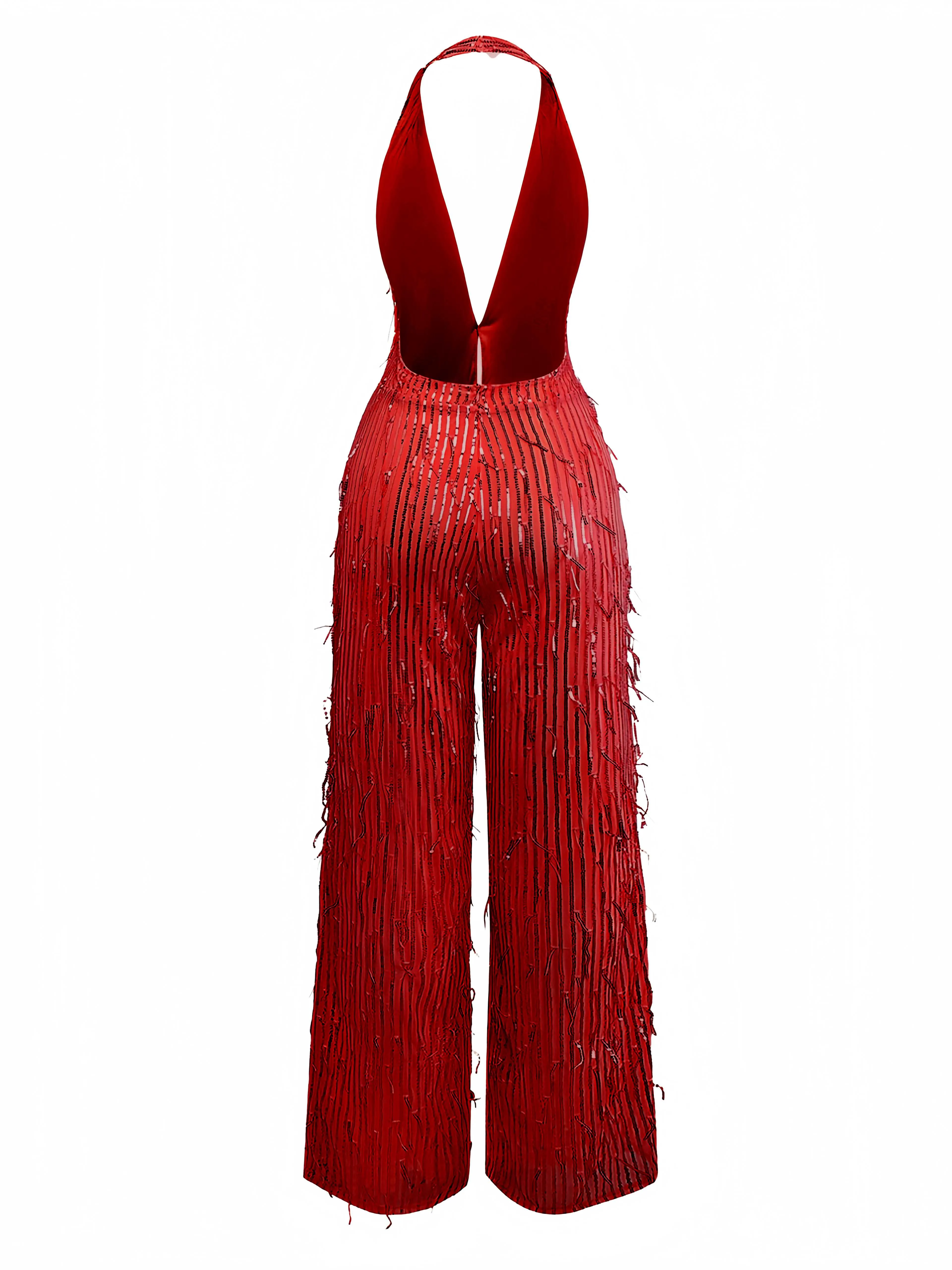 1970s Halter Deep V-Neck Sequin Fringe Jumpsuit sold by Retro Stage product image thumbnail 2