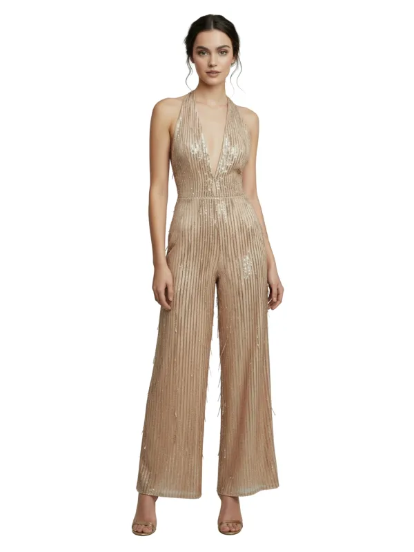 1970s Halter Deep V-Neck Sequin Fringe Jumpsuit sold by Retro Stage