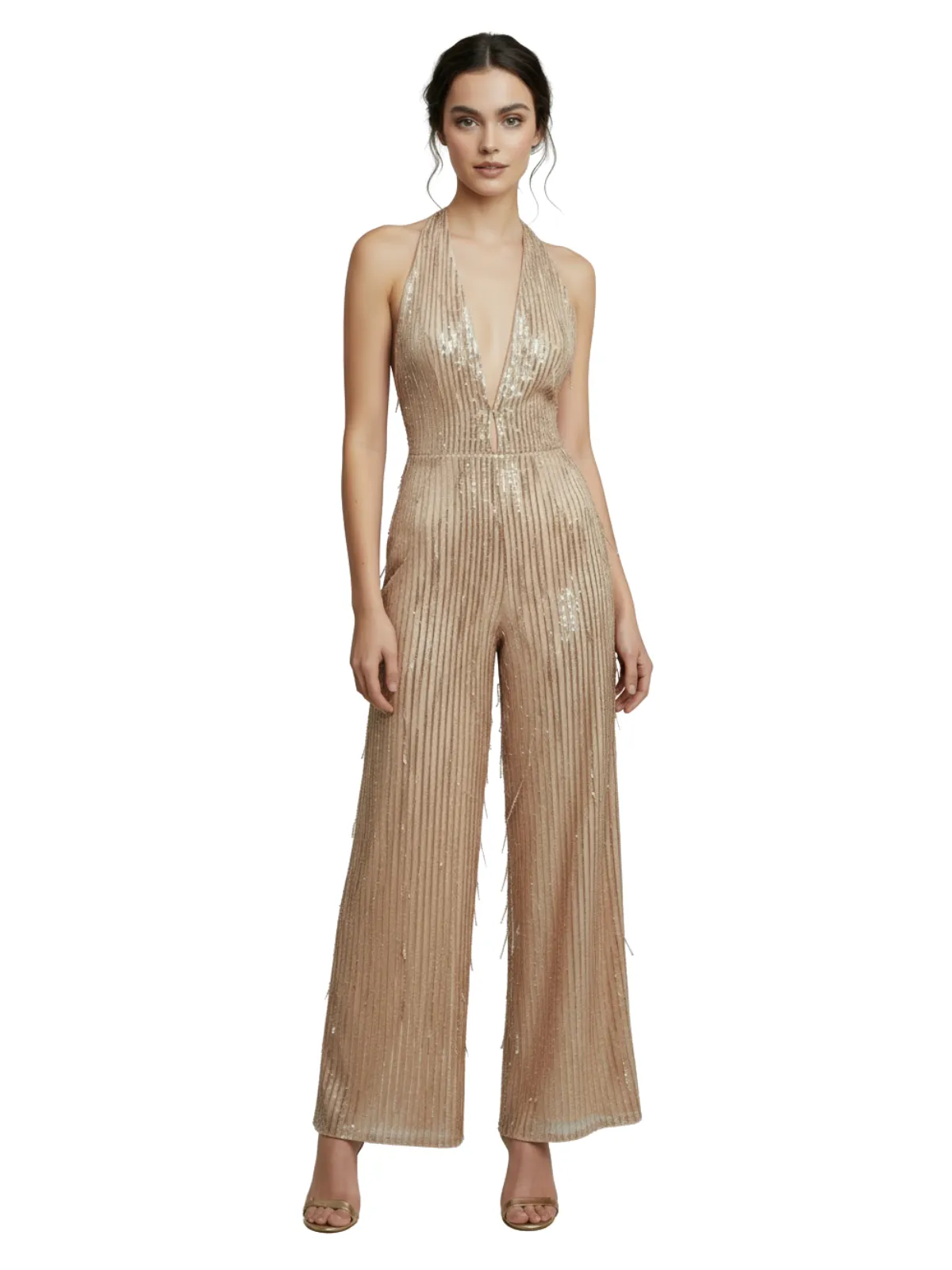 1970s Halter Deep V-Neck Sequin Fringe Jumpsuit sold by Retro Stage