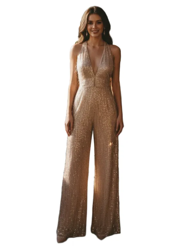 1970s Halter Deep V-Neck Sequin Fringe Jumpsuit sold by Retro Stage