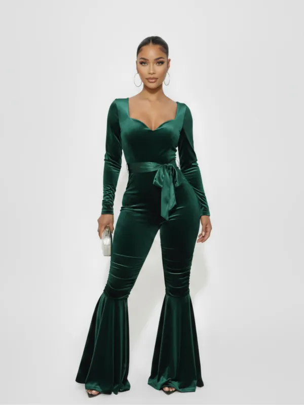 Green 1970s Sweetheart Flare Leg Velvet Jumpsuit sold by Retro Stage