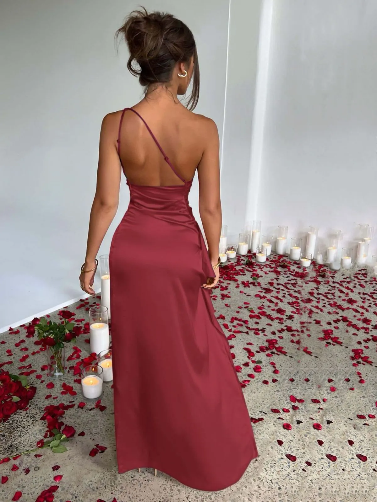 1960s One Shoulder Ruched Slit Satin Dress sold by Retro Stage product image thumbnail 2