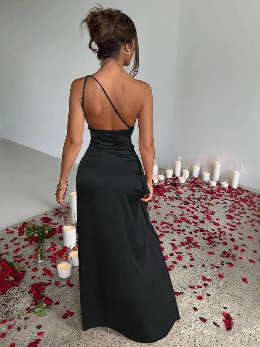 1960s One Shoulder Ruched Slit Satin Dress sold by Retro Stage product image thumbnail 4