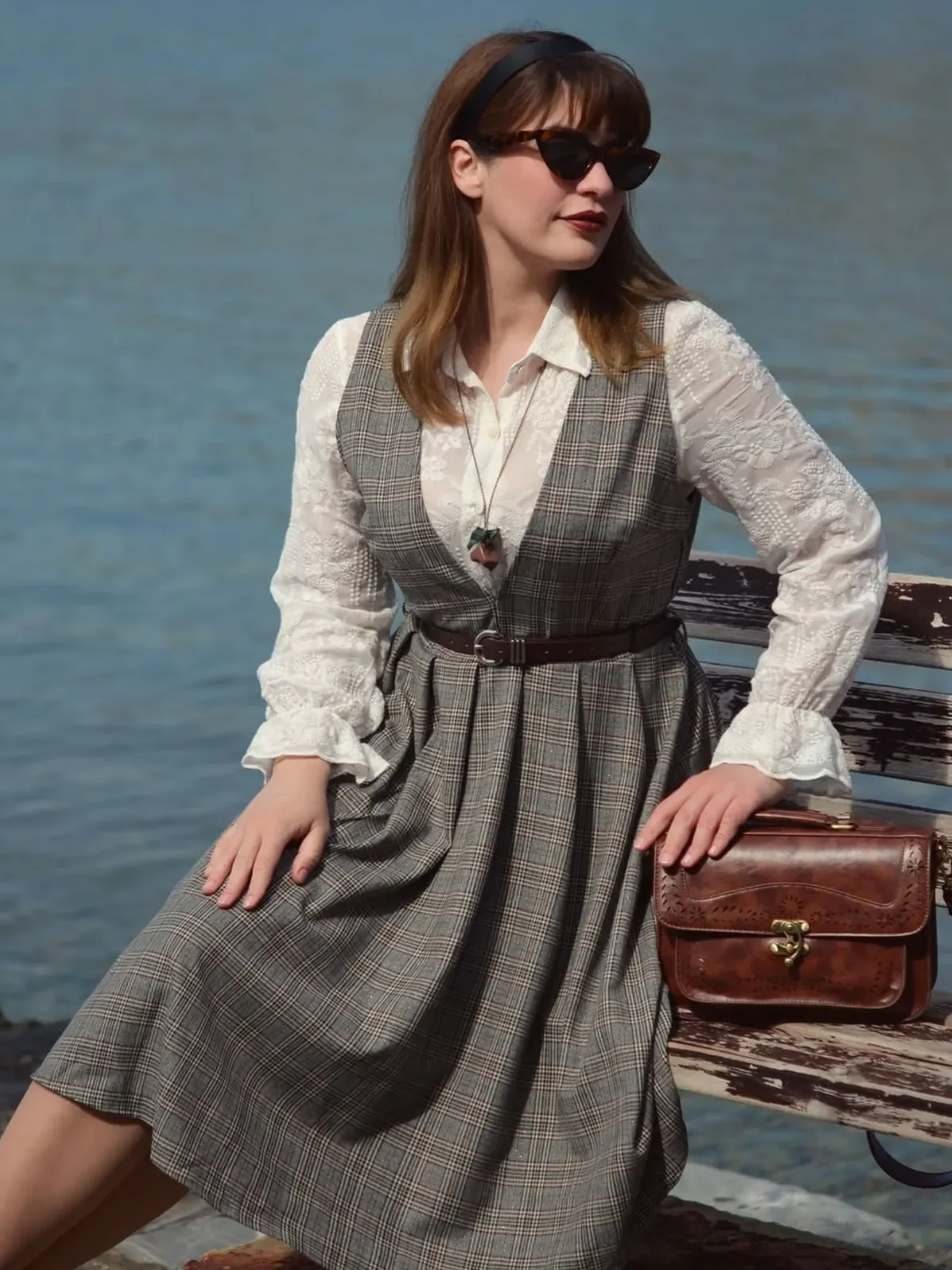 2PCS Grey 1940s V-Neck Plaid Dress & Satin Blouse sold by Retro Stage