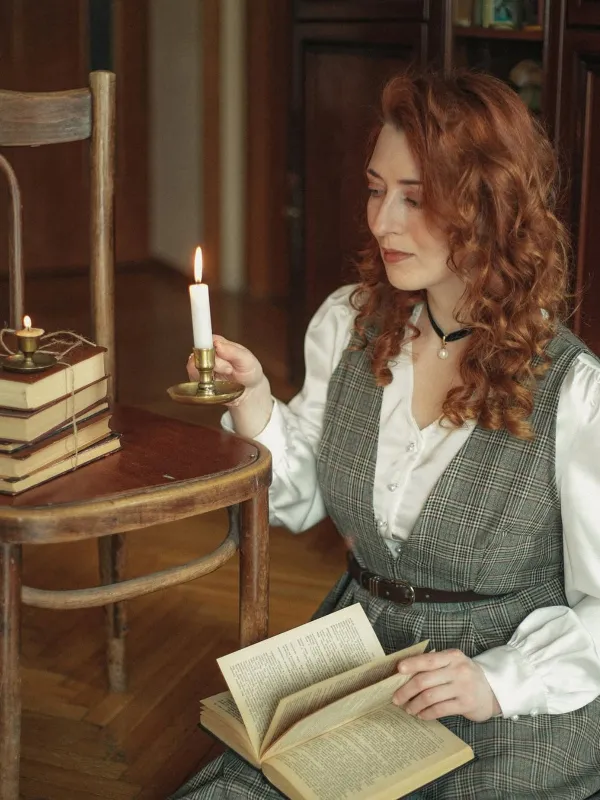 2PCS Grey 1940s V-Neck Plaid Dress & Satin Blouse sold by Retro Stage