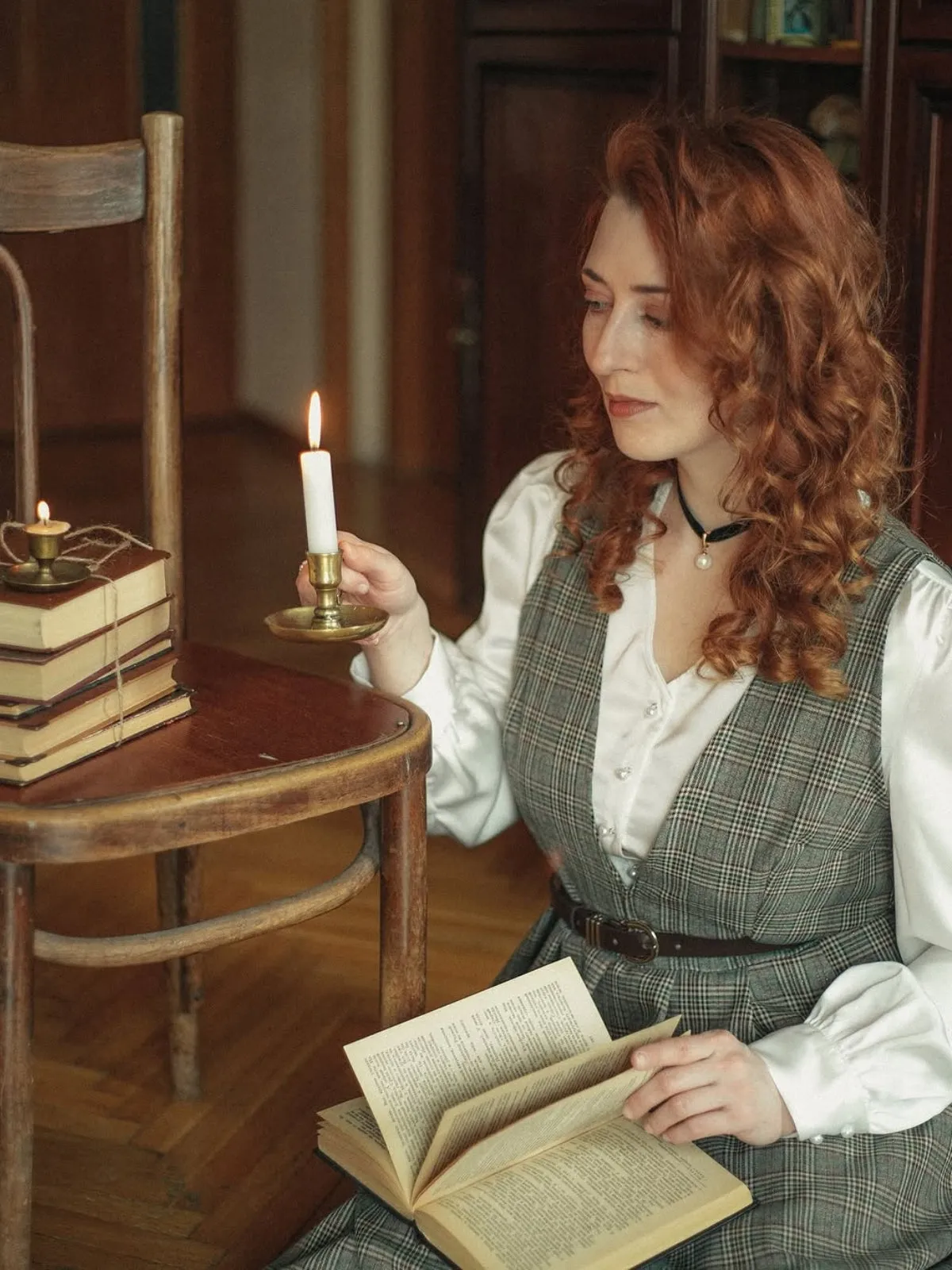 2PCS Grey 1940s V-Neck Plaid Dress & Satin Blouse sold by Retro Stage