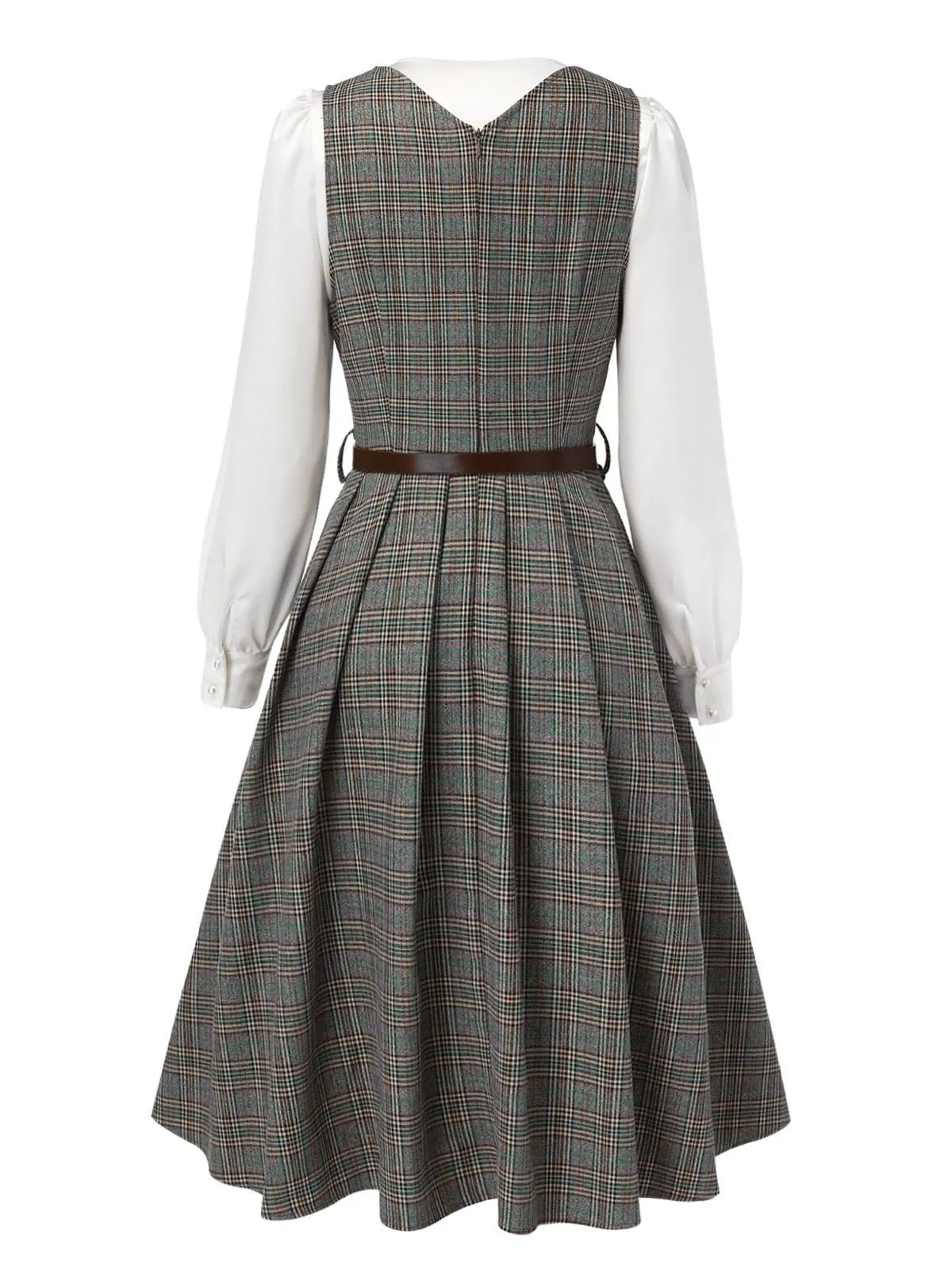 2PCS Grey 1940s V-Neck Plaid Dress & Satin Blouse sold by Retro Stage product image thumbnail 5