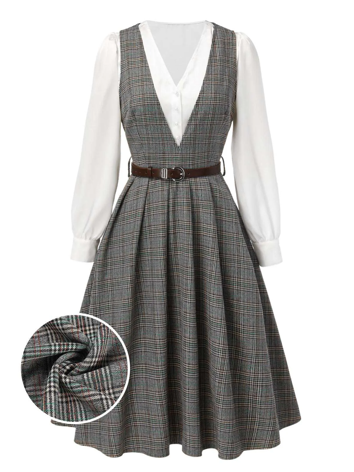 2PCS Grey 1940s V-Neck Plaid Dress & Satin Blouse sold by Retro Stage product image thumbnail 2