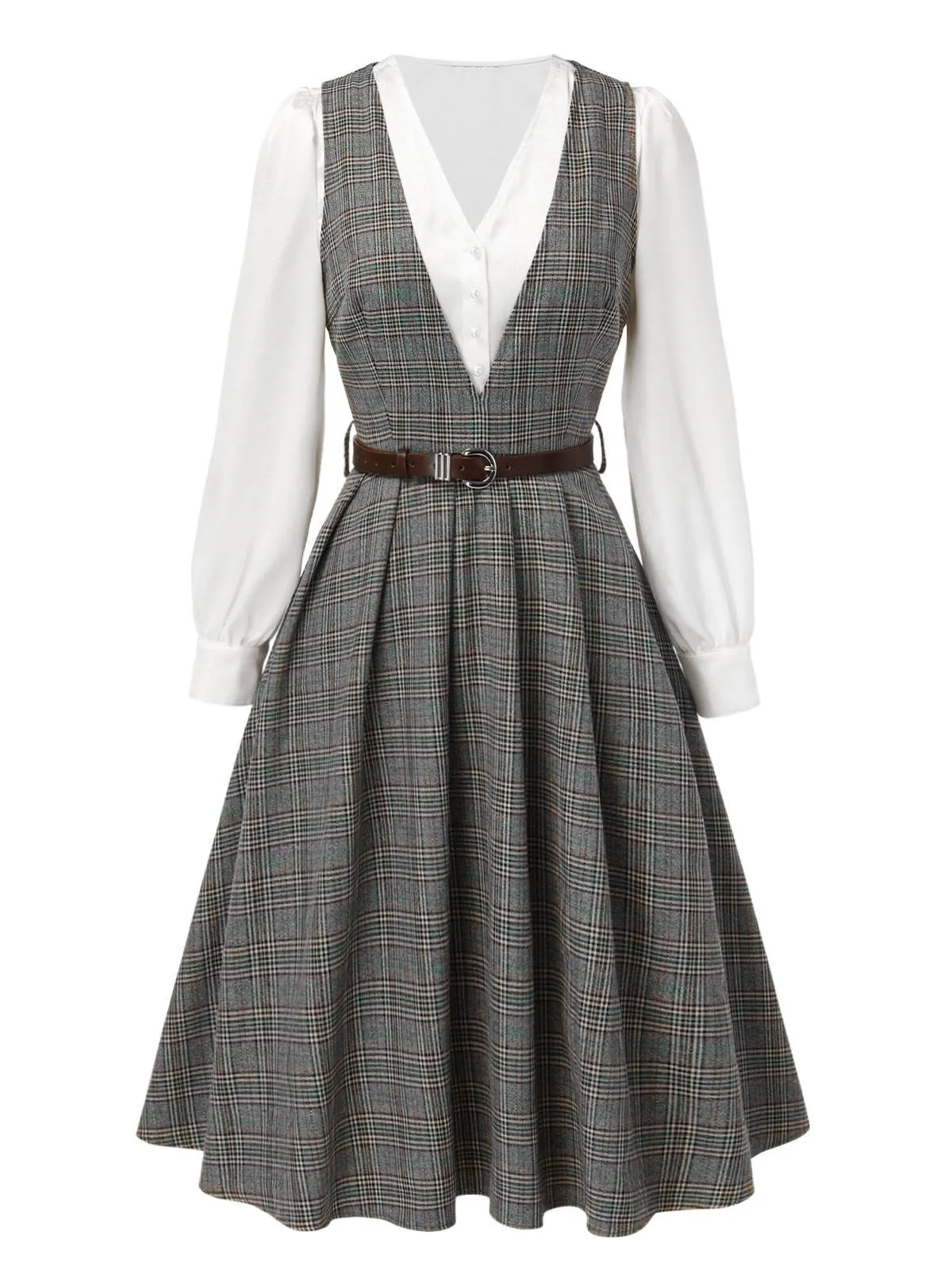 2PCS Grey 1940s V-Neck Plaid Dress & Satin Blouse sold by Retro Stage product image thumbnail 3