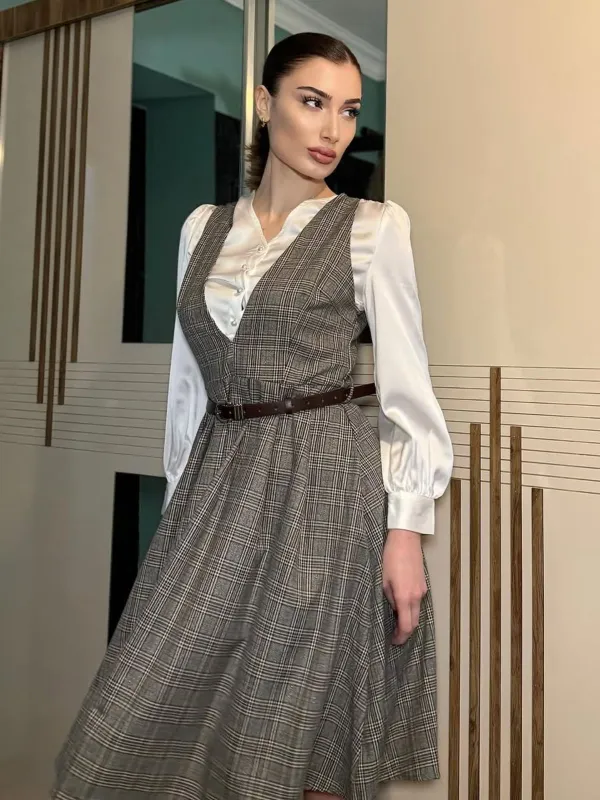 2PCS Grey 1940s V-Neck Plaid Dress & Satin Blouse made by Retro Stage