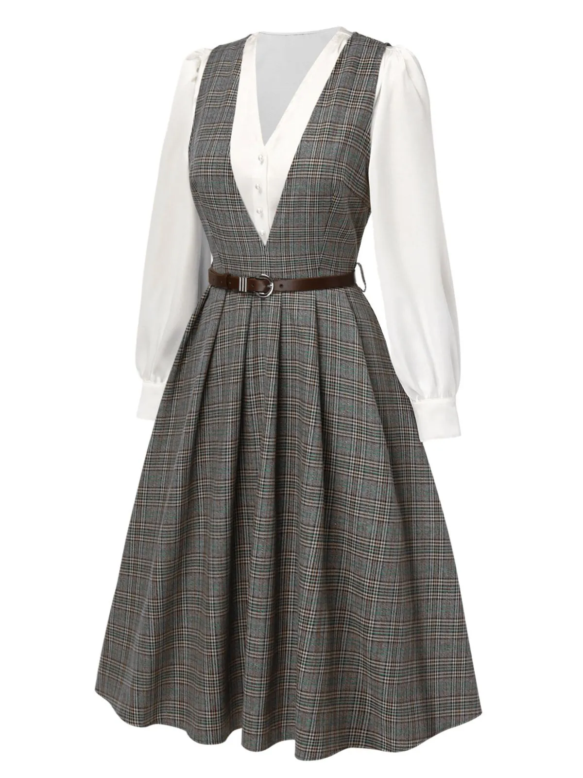 2PCS Grey 1940s V-Neck Plaid Dress & Satin Blouse sold by Retro Stage product image thumbnail 4