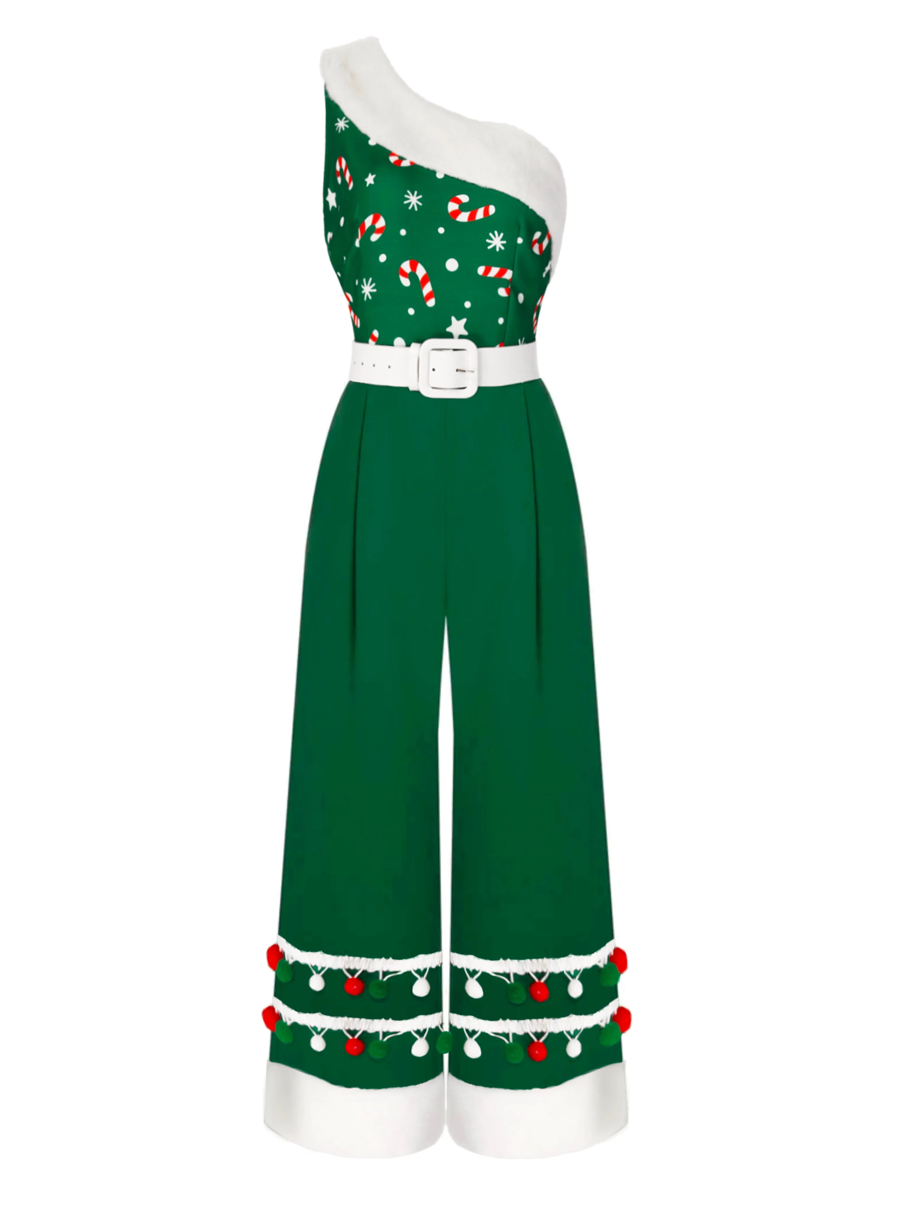 Green 1950s Christmas One Shoulder Fur Ball Belted Jumpsuit sold by Retro Stage product image thumbnail 2