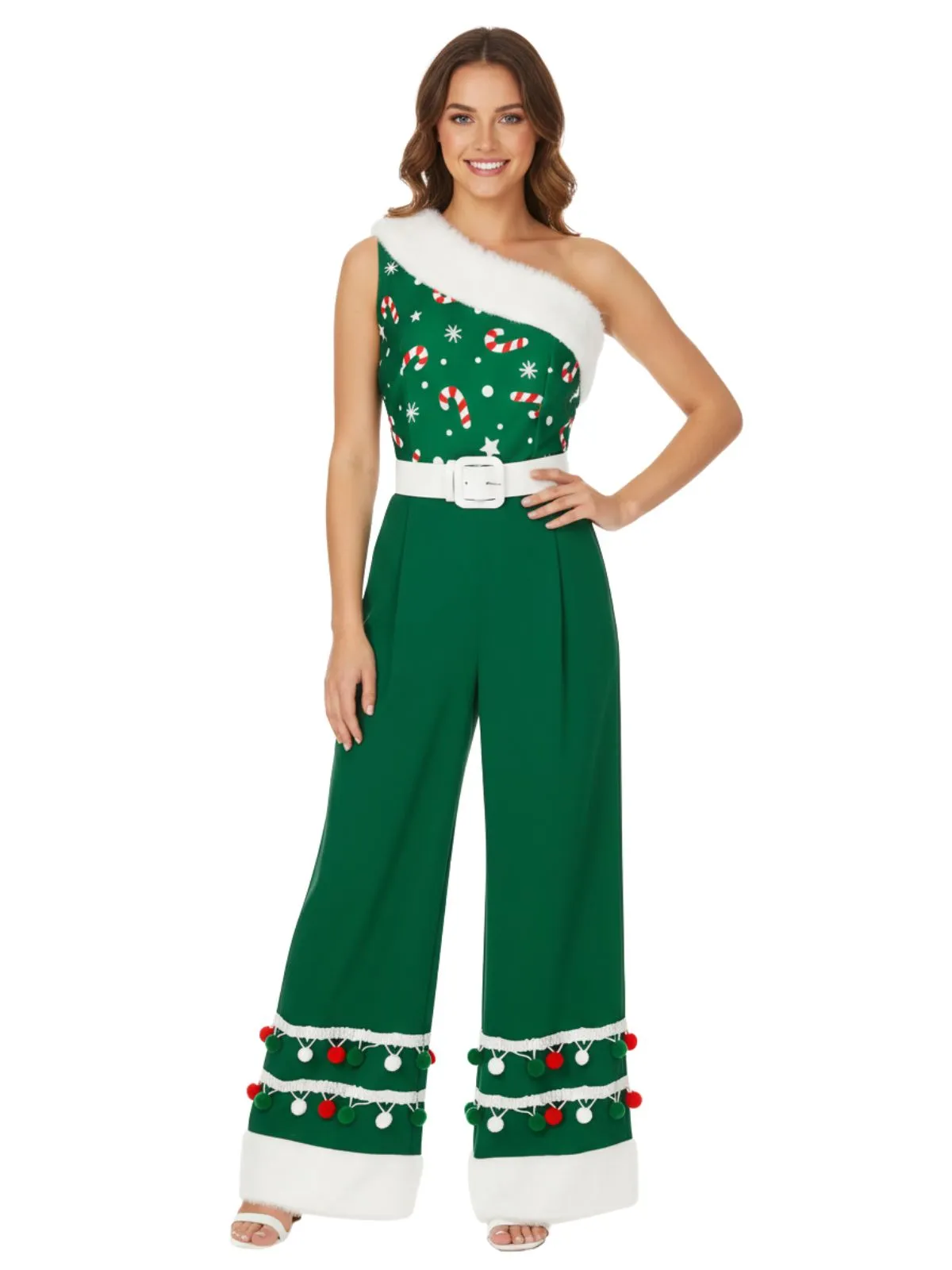 Green 1950s Christmas One Shoulder Fur Ball Belted Jumpsuit sold by Retro Stage